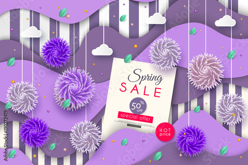 Spring sale banner for advertising banner, poster, promotion, web site, online shopping. Cut paper art style. Abstract 3d flowers. Season discount. Vector illustration