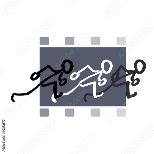 Animated loose line stick figure running across a square grey  film frame.