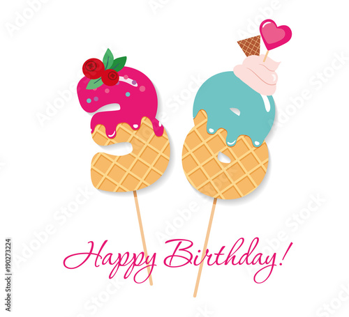 Happy Birthday card. Festive sweet numbers 38. Coctail straws. Funny decorative characters. Vector