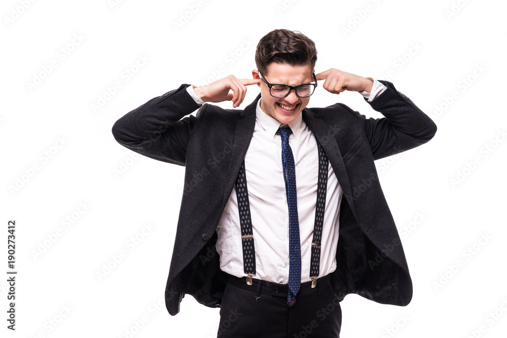 Young handsome Business man covering her ears over white background Young handsome Business man covering her ears over white background