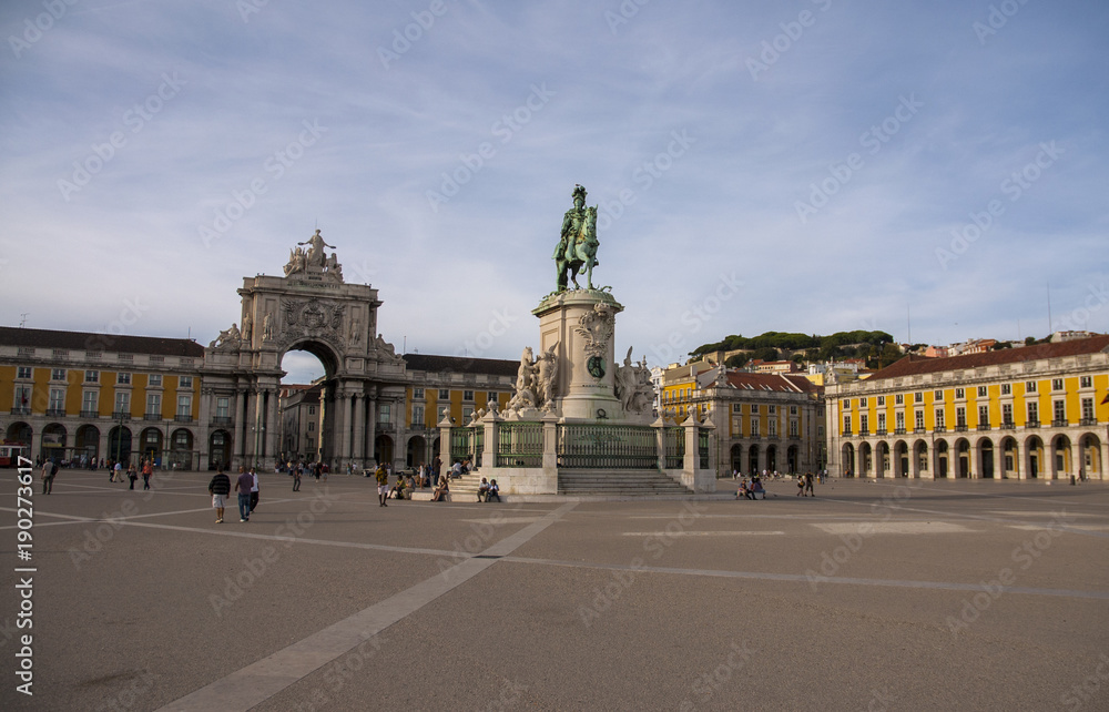 Commerce Square view, Triumphal arch and Statue of King Jose I, Lisbon, Portugal