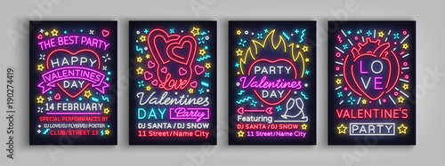 Happy Valentines Day party set of posters. Collection neon patterns templates typography, neon sign, bright banner invitation to the party, nightlit nightclub advertising, card. Vector illustration