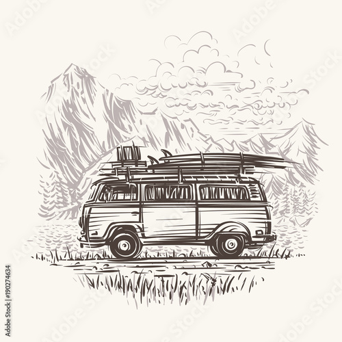 Old retro travel bus illustration. Vector. eps10.