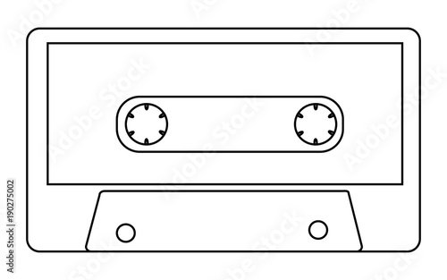 Black and white with outline, antique, old, vintage, retro, hipster, musical audio cassette from the 80's, 90's on a white background. Vector illustration.