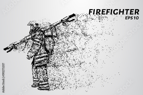 A firefighter carries a stretcher. The fireman consists of particles.