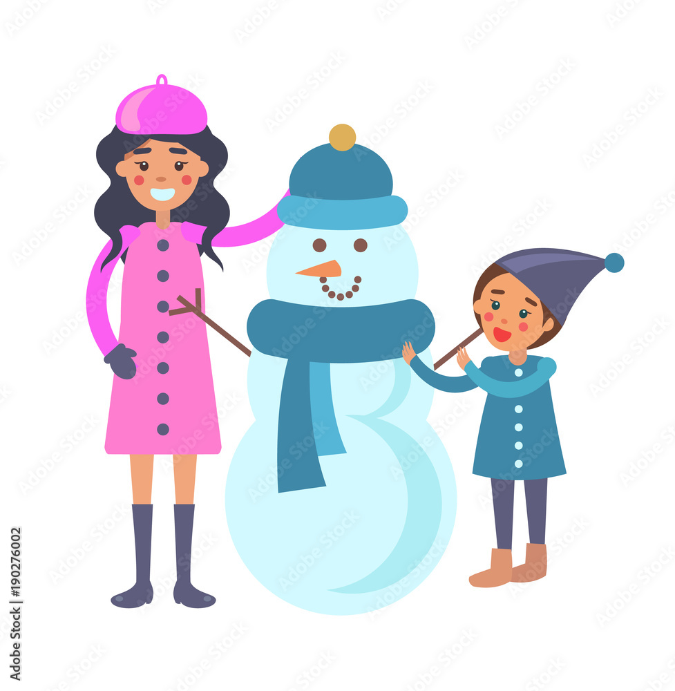 Mother and Child Makes Snowman Vector Illustration Mother and Child Makes Snowman Vector Illustration