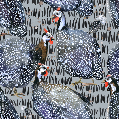 Fotótapéta guinea fowl bird watercolor seamless pattern.