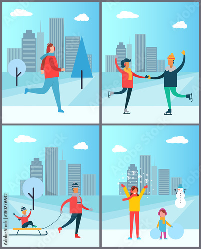 Woman Jogging, Happy Couple Dancing on SkatesSet