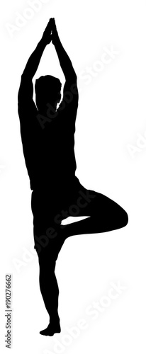 Man exercises yoga, Yoga pose vector silhouette illustration isolated on white background. 