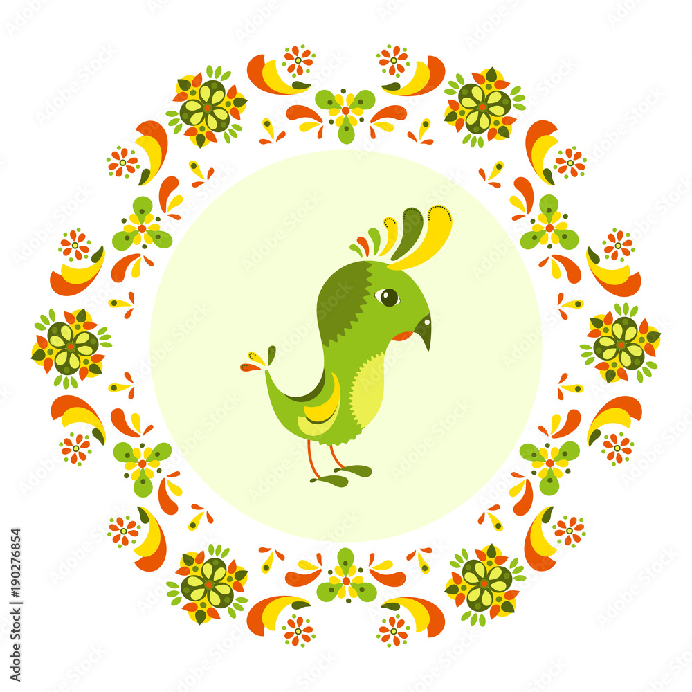 Element for design. Cartoon bird surrounded by a colorful pattern of flowers. Vector illustration