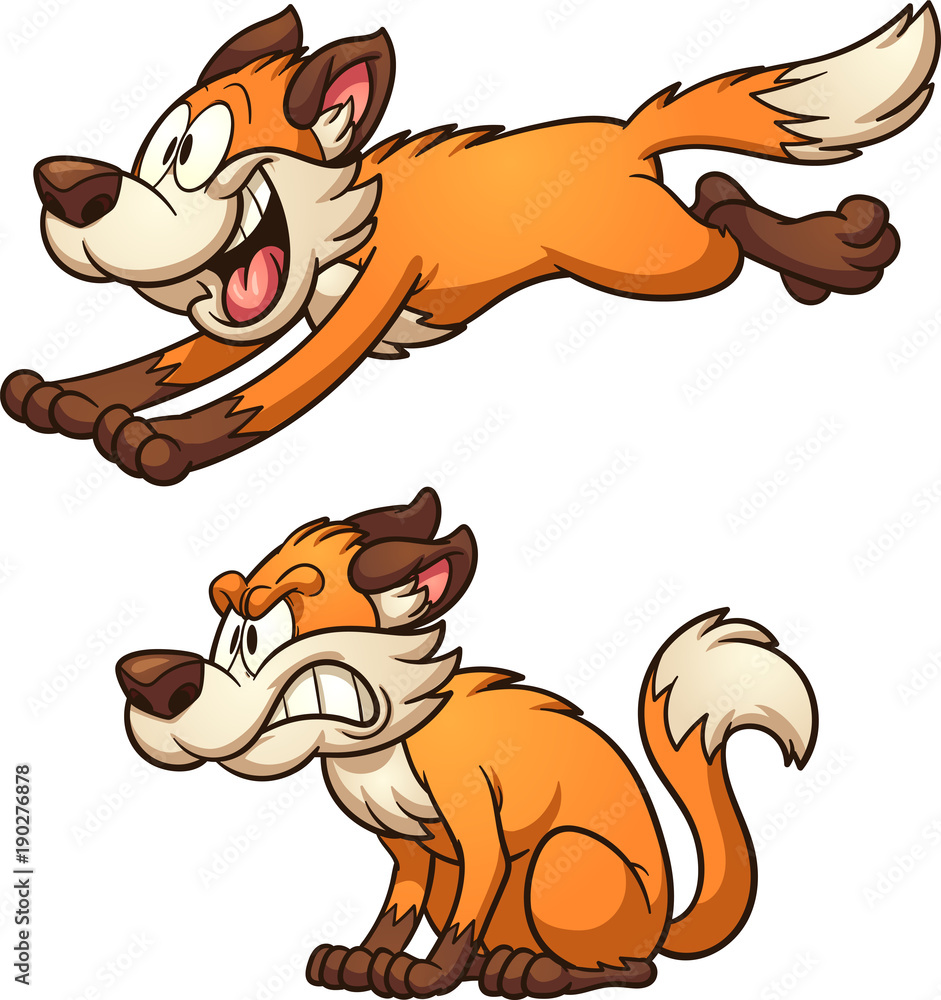 Running and sitting cartoon fox. Vector clip art illustration with