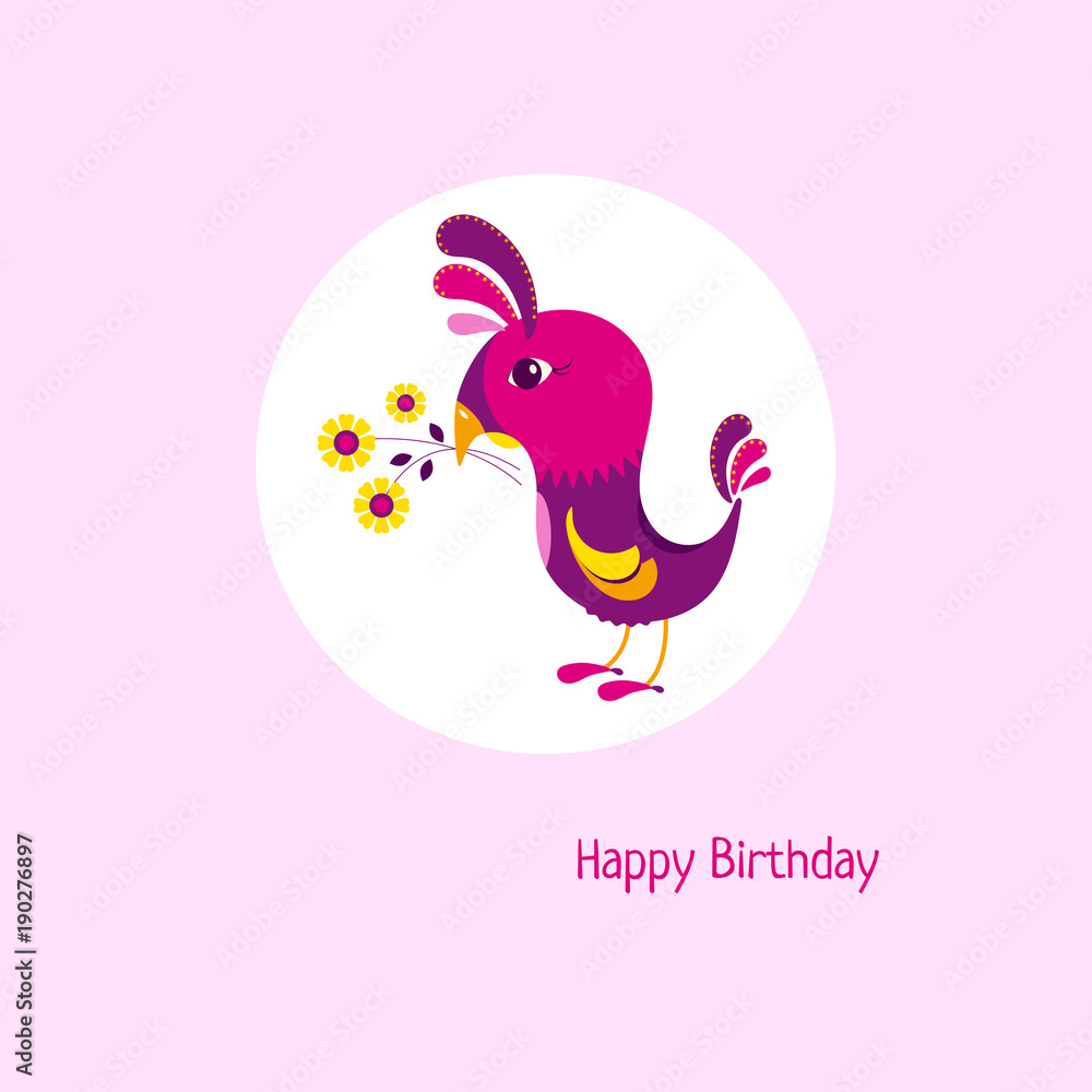 Cartoon birthday card with cute bird and bouquet. Vector illustration Cartoon birthday card with cute bird and bouquet. Vector illustration