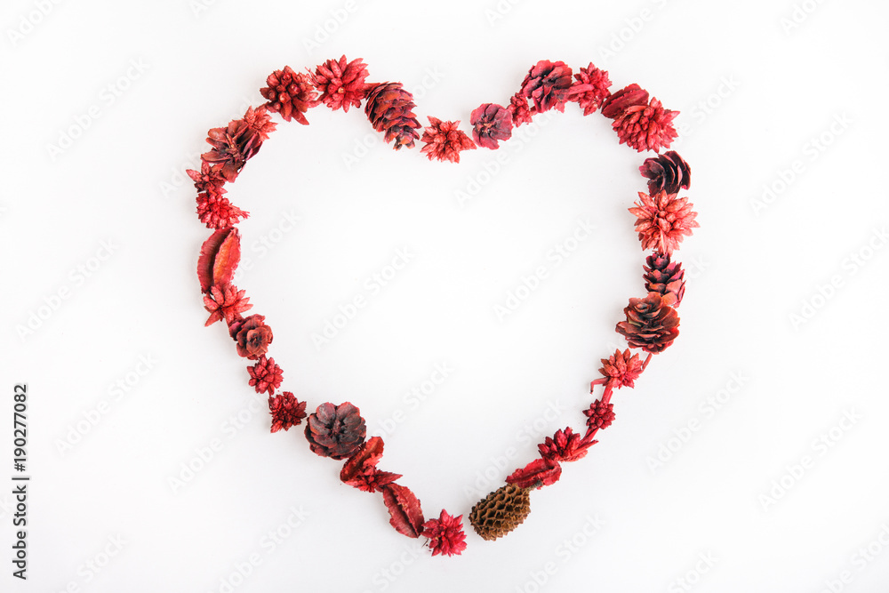 Heart made from little cones and dried red flowers on a white background Heart made from little cones and dried red flowers on a white background