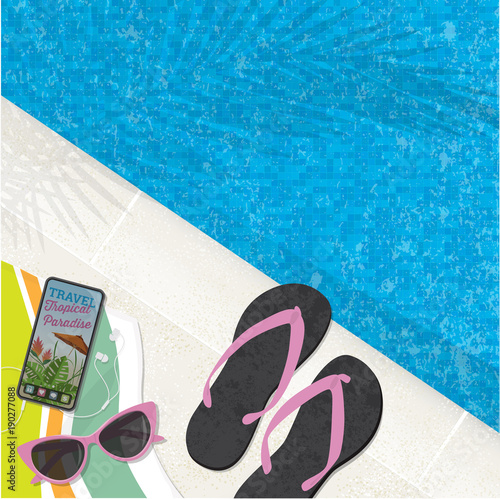 Swimming Pool Flip Flops Mobile Phone and Sunglasses