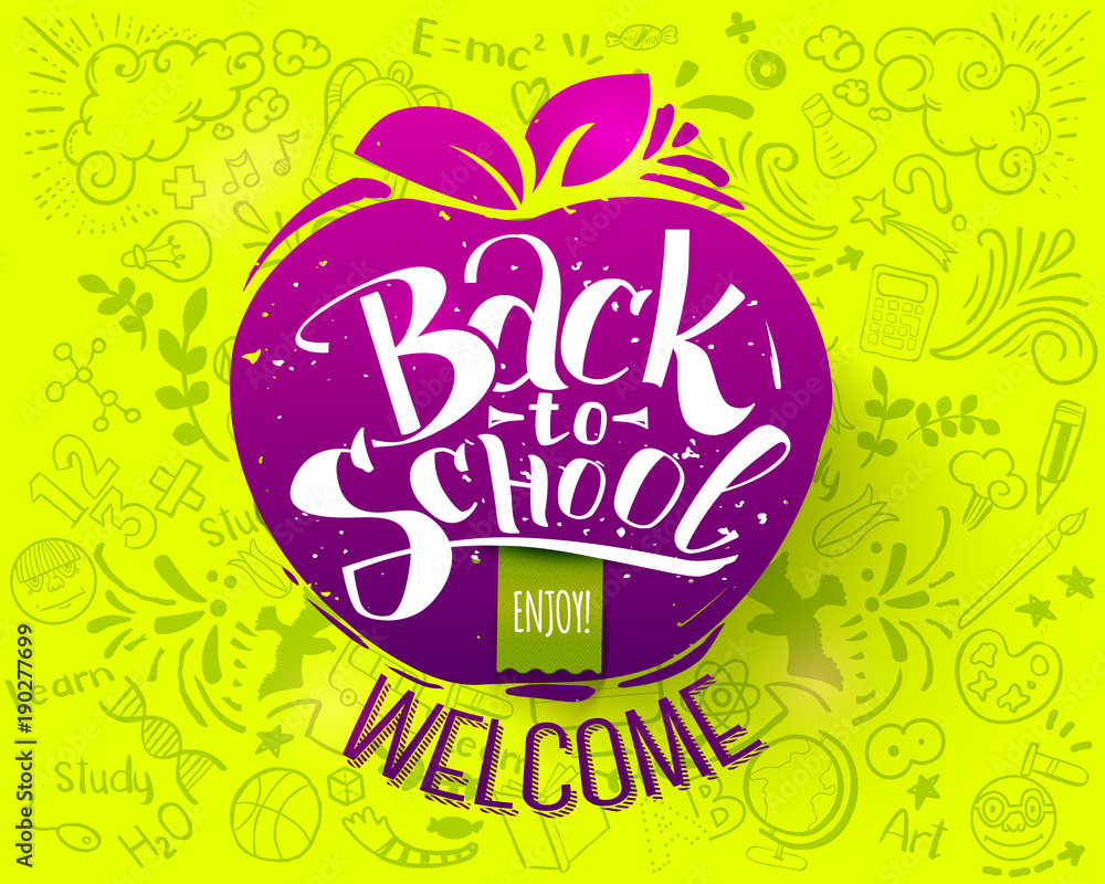 Back to school apple stamp background with hand drawn doodles