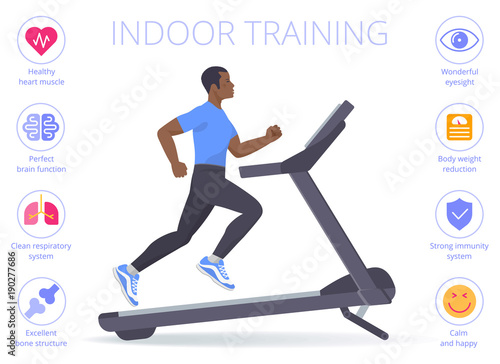 Strong black man is running on the treadmill. Flat vector illustration of athletic adult boy in the sportswear doing exercise on the treadmill. Indoor training concept isolated on white.