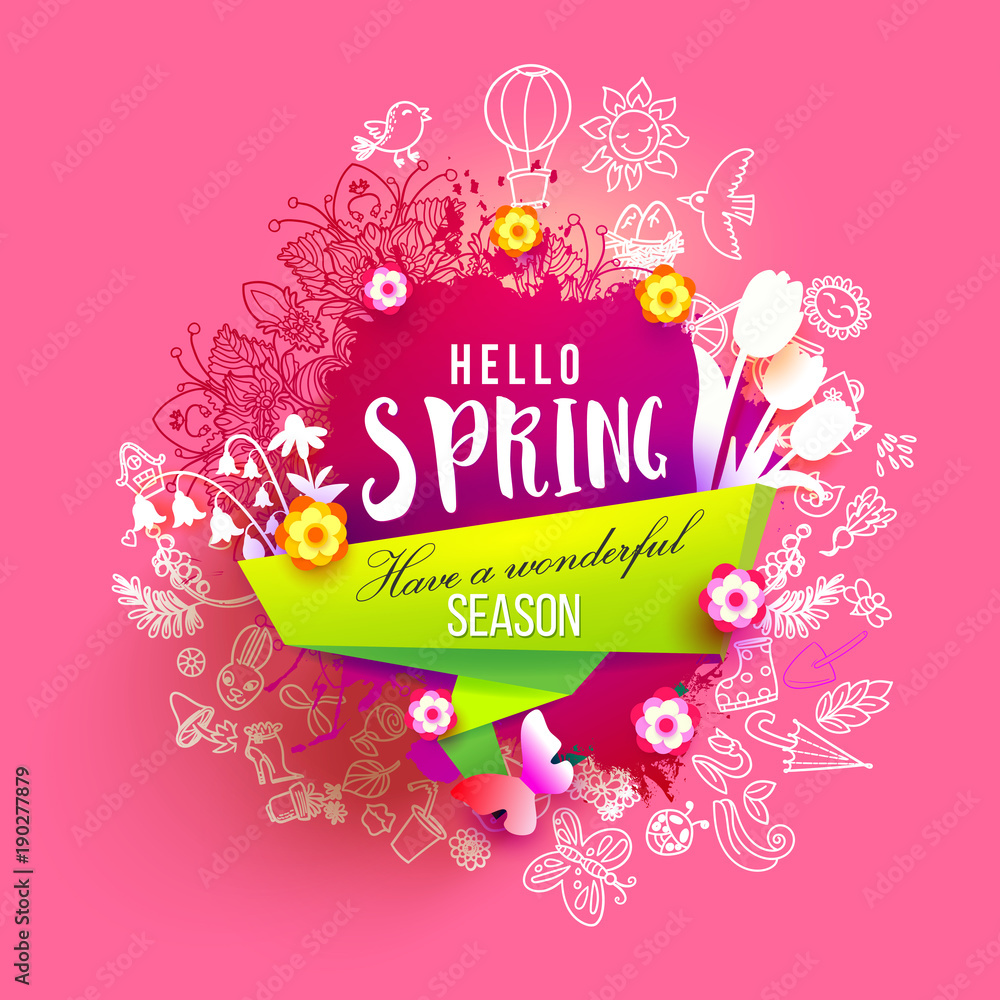 Hello Spring ink splash background with hand drawn doodles, flowers. For banners, posters, flyers, greeting cards, spring sales. Creative sketch with paper art cut out elements. Vector illustration
