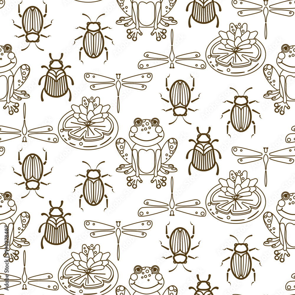 Elegant line style insect vector seamless pattern. Gold and white beetles, frogs and dragonfly repeat texture.