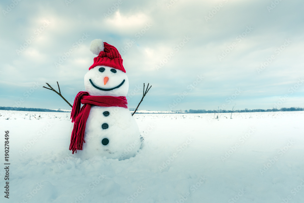 Funny snowman in stylish hat and red scalf on snowy field. Merry Christmass and happy New Year! Funny snowman in stylish hat and red scalf on snowy field. Merry Christmass and happy New Year!