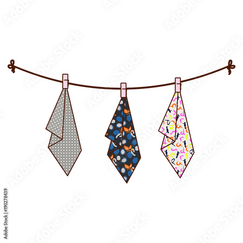 Hanging towels on rope vector illustration. Drying kitchen stuff napkins.