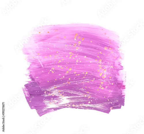 Vector violet and gold dots paint smear stroke. Abstract gold dots on violet acrylic art illustration. Gold Texture Paint Stain Illustration. Hand drawn brush strokes vector elements. Acrilyc strokes.