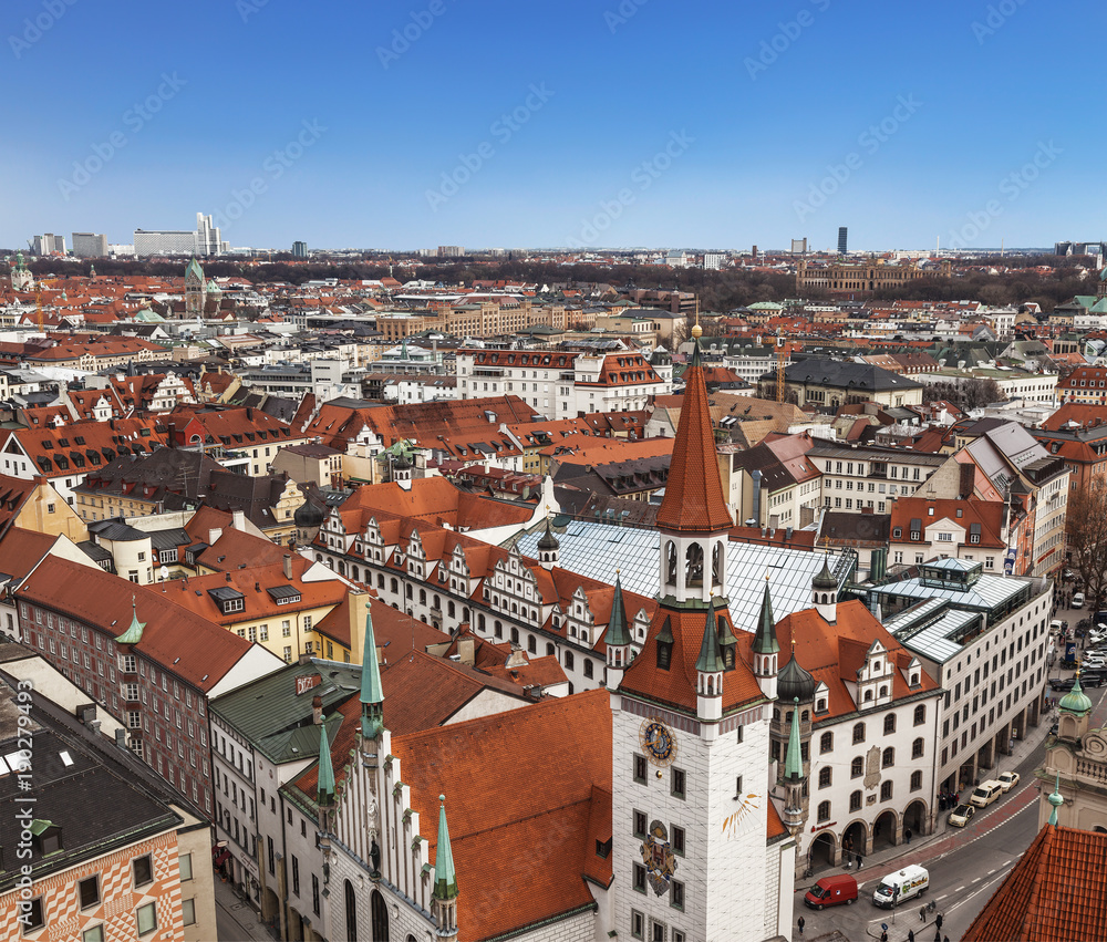 Top view of the red roofs of Munich, Bavaria, Germany