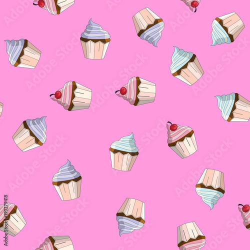 Pattern with colorful cupcakes on a pink background