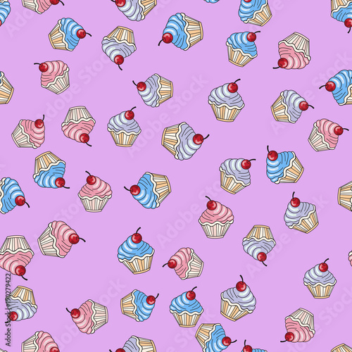 Pattern with colorful cupcakes on a pink background