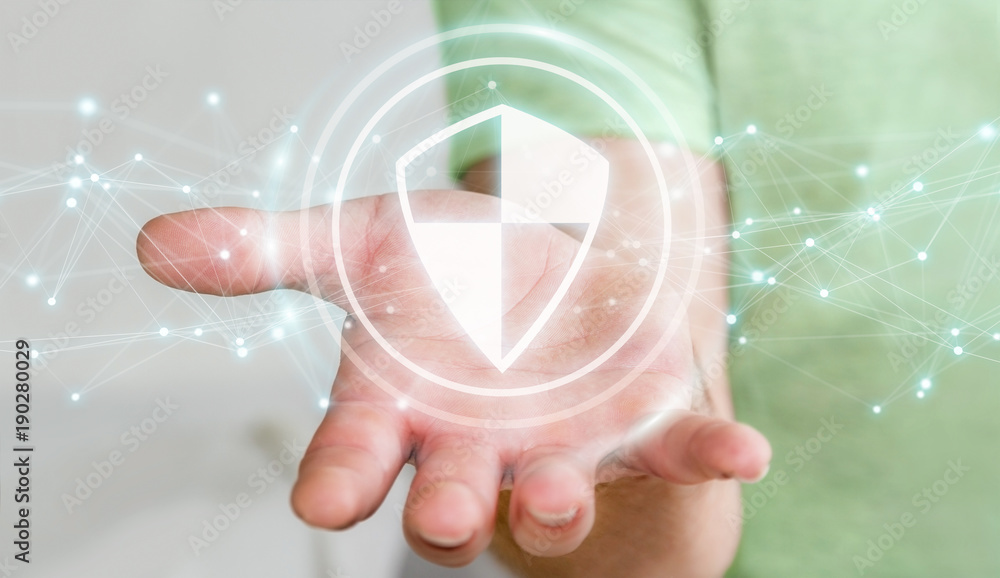 Businessman using shield safe protection with connections 3D rendering Businessman using shield safe protection with connections 3D rendering