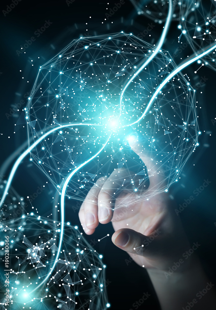 Businesswoman using digital network connection sphere 3D rendering Businesswoman using digital network connection sphere 3D rendering
