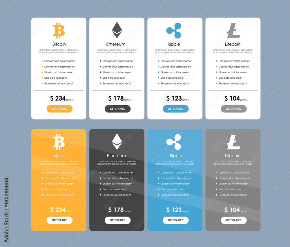Set of offer tariffs for cryptocurrency operations. ui ux vector banner for web app. set of pricing table, order, box, button, list with plan for website in flat design.