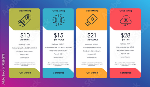 Set of offer tariffs for for cryptocurrency mining. ui ux vector banner for web app. set of pricing table, order, box, button, list with plan for website in flat design.