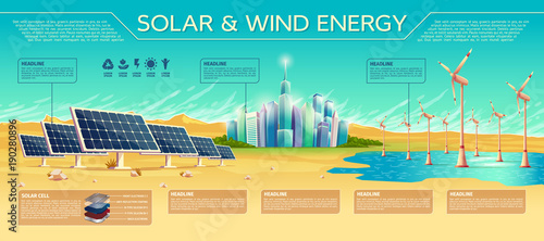 Solar panels, wind generators, alternative energy sources, infographic vector concept for business presentation, information banner with places for text. Innovative, ecological technologies of future