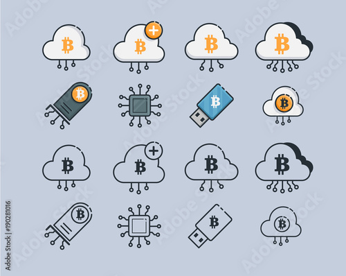 Mining Cryptocurrency Icons. Modern computer network technology sign set. Mining graphic symbols. Concept design elements for web and app.