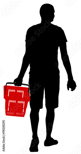 Lonely man doing everyday grocery shopping with shopping basket at supermarket, vector silhouette isolated on white background. Male usual walk after work with consumer bag buy food and another goods.