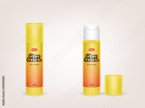 Vector realistic yellow tubes of glue stick, with open lid and closed, with label and brand information isolated on background. Container with adhesive for office and school. Mockup for package design