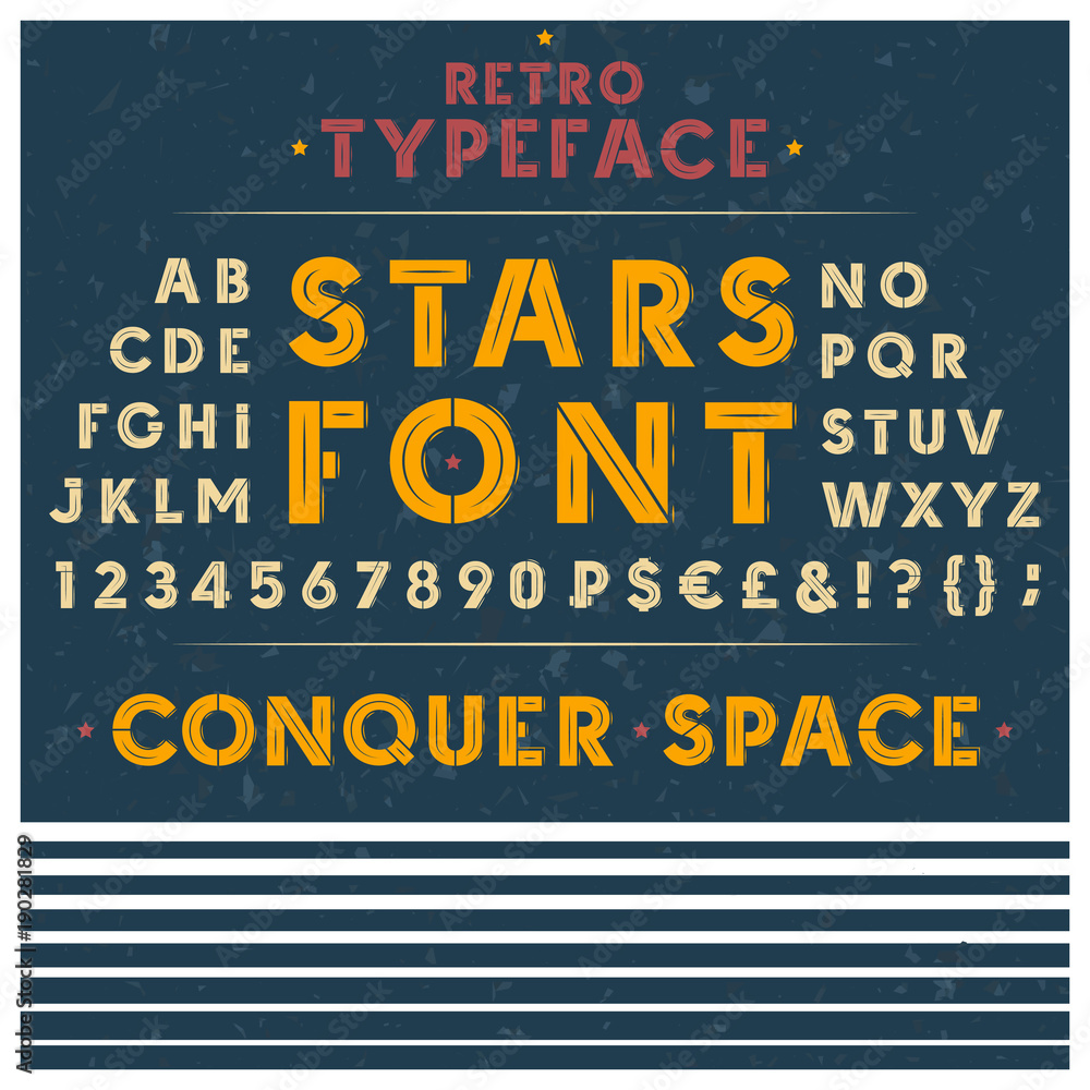Vector illustration of a retro font, the Latin alphabet, uppercase, capital letters, numbers and symbols on textured background. Vintage typeface, sans-serif, for headlines, old posters, signboards Vector illustration of a retro font, the Latin alphabet, uppercase, capital letters, numbers and symbols on textured background. Vintage typeface, sans-serif, for headlines, old posters, signboards