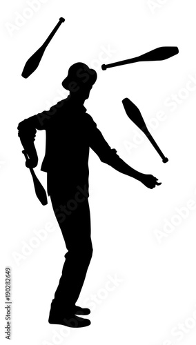 Juggler artist vector silhouette, Juggling with pins. Clown in circus jugging performs skill.