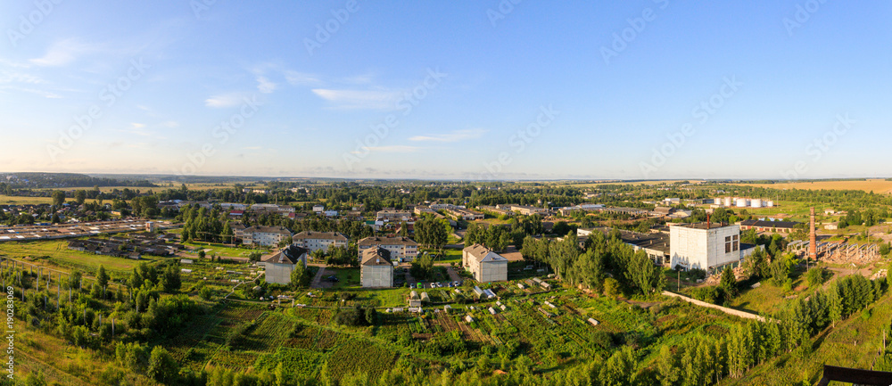 Panoramic view of the city of Yaransk in the central part of Russia during the summer sunrise
