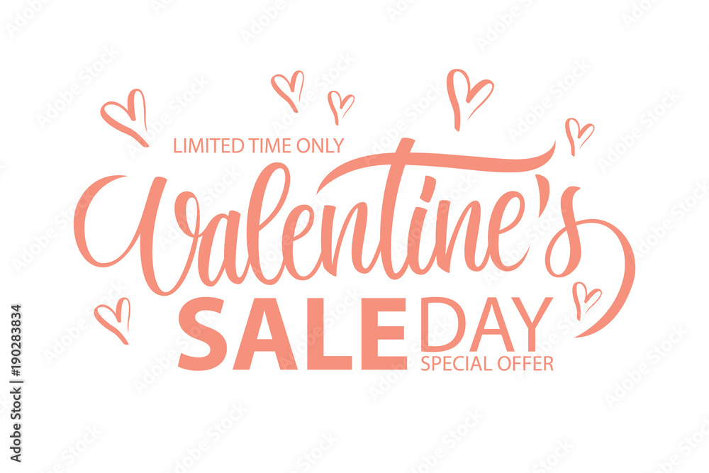 Valentine's Day Sale special offer banner with hand drawn lettering and hearts for holiday shopping. Limited time only. Vector illustration.