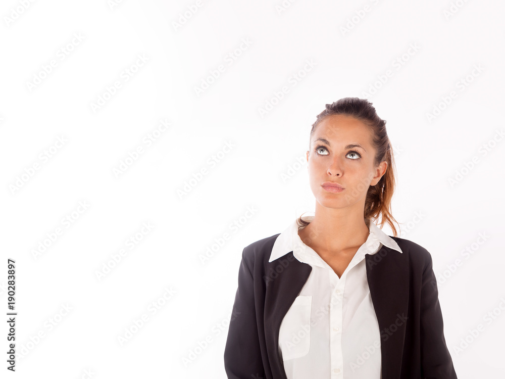 Beautiful business woman looking left up. Wide size banner with copy space. Beautiful business woman looking left up. Wide size banner with copy space.