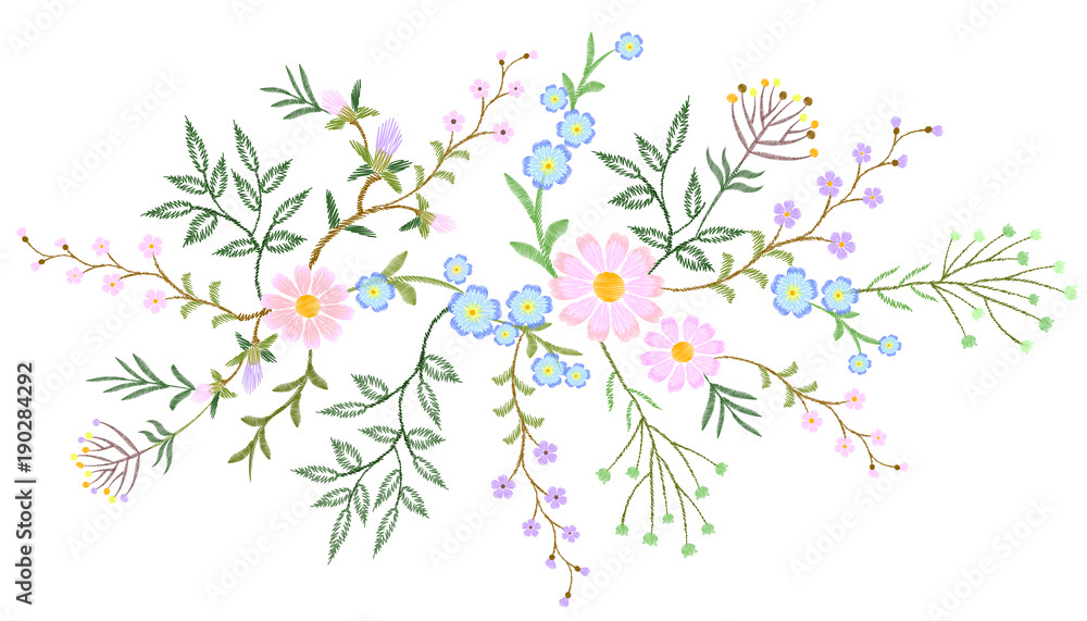 Embroidery white lace floral pattern small branches wild herb with little blue violet field flower. Ornate traditional folk fashion patch design neckline black background vector illustration