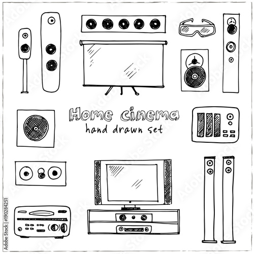 Hand drawn doodle home cinema set.