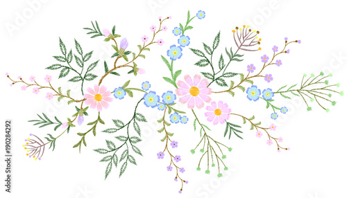 Embroidery white lace floral pattern small branches wild herb with little blue violet field flower. Ornate traditional folk fashion patch design neckline black background vector illustration