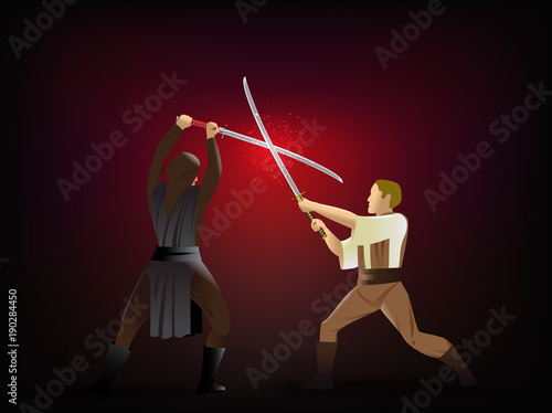 Cartoon character with samurai sword. Vector illustration.