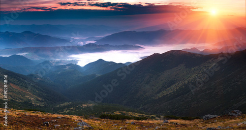 Panoramic view of beautiful landscape in the mountains at sunrise. View of foggy hills covered by forest.