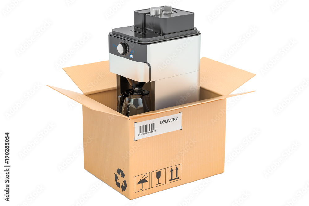 Coffeemaker or coffee machine inside cardboard box, delivery concept. 3D rendering Coffeemaker or coffee machine inside cardboard box, delivery concept. 3D rendering