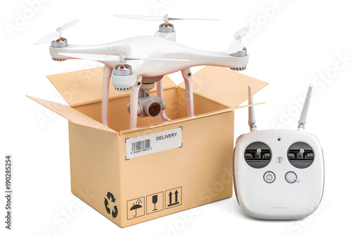 Drone quadrocopter with remote control inside cardboard box, delivery concept. 3D rendering
