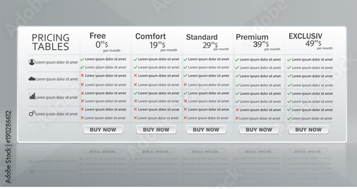 Set of clean price list. Five banners with tariffs. Flat web promo elements.
