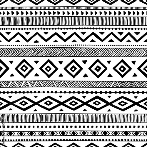 Seamless ethnic pattern. Handmade. Horizontal stripes. Black and white print for your textiles.